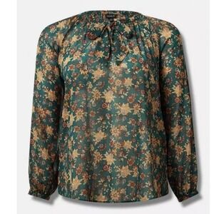 Torrid Green Floral Semi Sheer Chiffon Tie Front Blouse Size‎ 3X Office Flowy